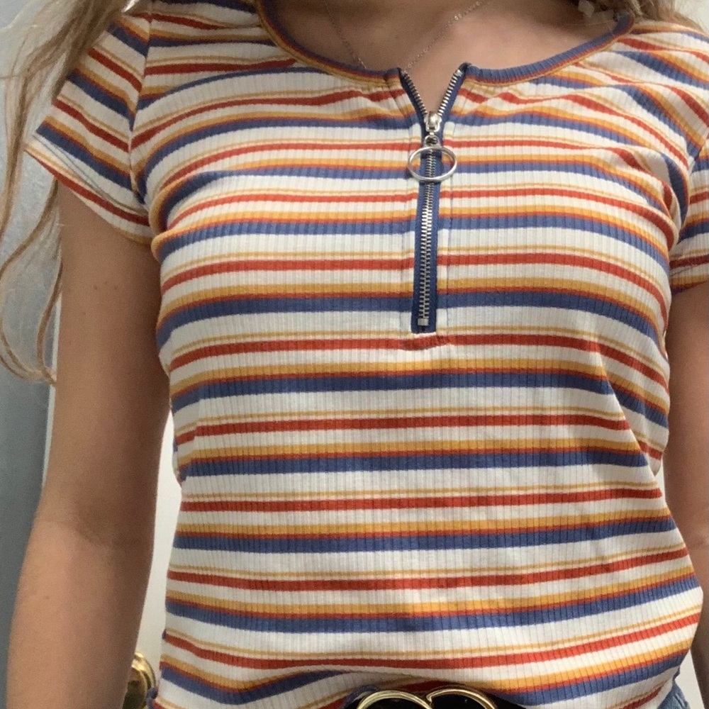 Cute Quarter Zip Striped Shirt with Lettuce Hem